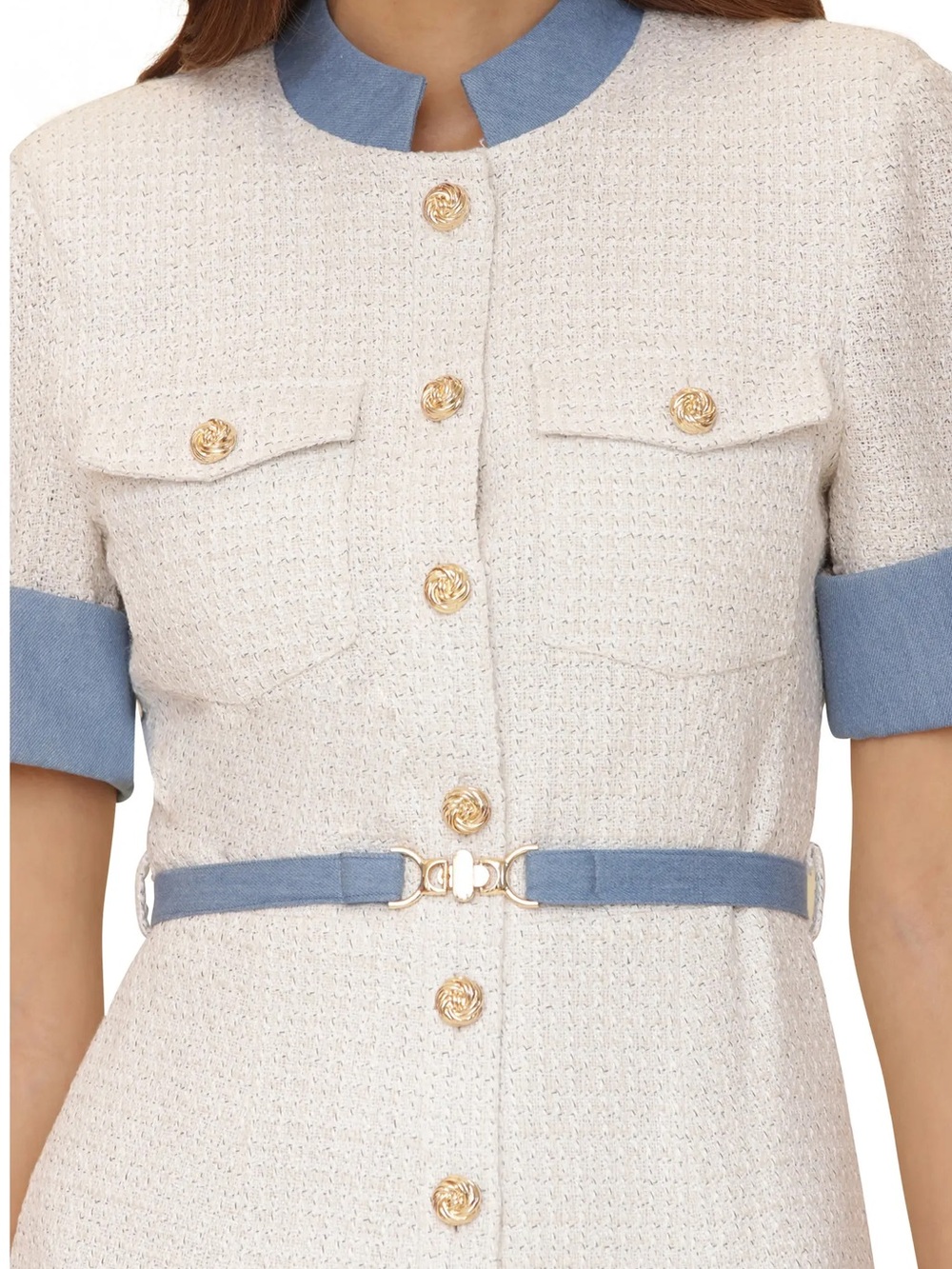 New Avec Les Filles Contrast Denim Tweed Mini Dress Ivory 8 M Preppy Quiet luxur - Picture 4 of 8